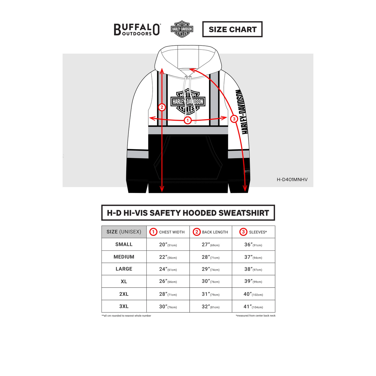 Harley-Davidson Yellow Hoodie - Size Chart